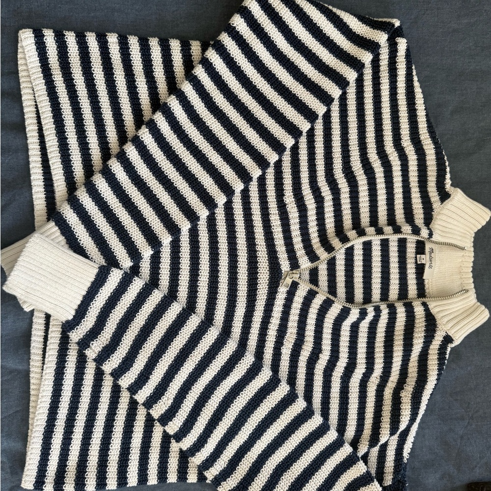 Madewell Navy and White Striped Quarter zip  100% Cotton Sweater - Picture 4 of 7